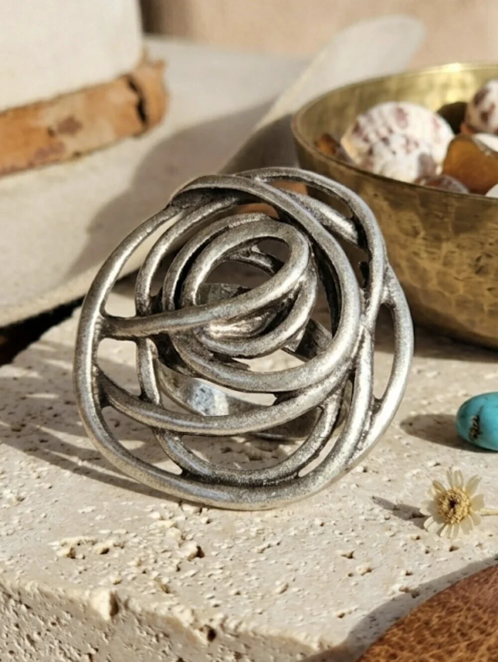 Turkish Zamak Rose Ring Large Statement Adjustable Boho Western Antiqued Silver